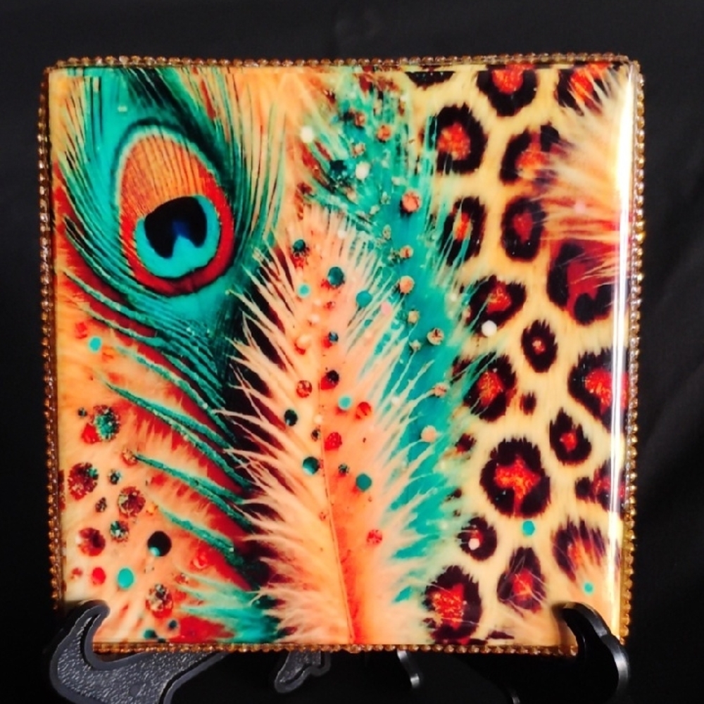 Hand Crafted Peacock Feather and Leopard Art